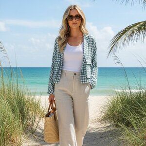 LUMIERE Blue Gingham Button Front Crop Shirt Jacket Lightweight Shacket Top